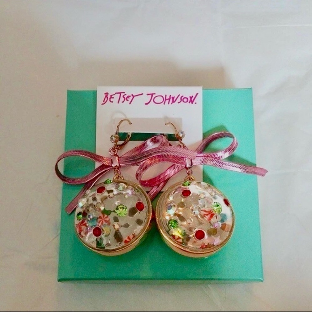 Betsey Johnson Gold-tone Resin Confetti Drop Earrings with Pink Ribbon